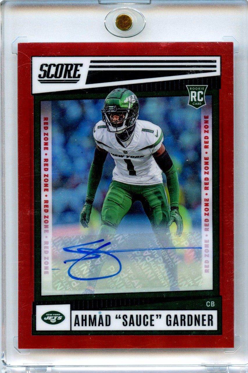 Ahmad "Sauce" Gardner 2022 Panini Chronicles Score Football Red Zone Rookie Auto 15/20 #SP-325